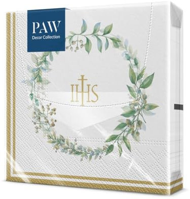 PAW - Servietten 3-lagig (33 x 33 cm) I 20 Stück I Perfekt für Kommunion, Konfirmation, Taufe I Ideal für Jungen & Mädchen I Tischdeko Elegante Papierservietten - IHS I First Communion Herbal
