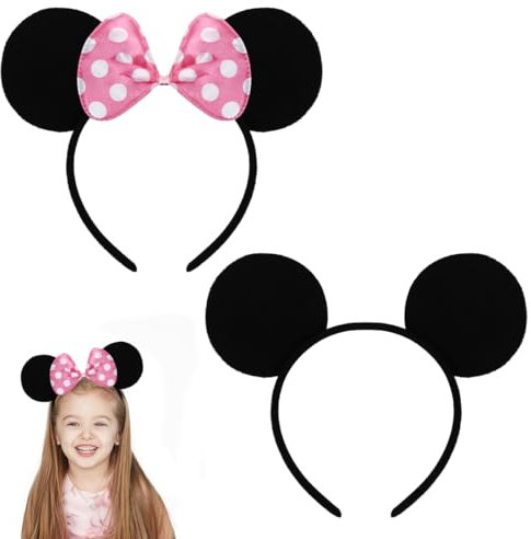 Bandeau de cheveux de souris, Bandeau de cheveux avec oreilles de souris, Oreilles de souris avec noeud rose et points blancs, Bandeau avec noeud de carnaval Halloween Pâques Cosplay Birthday Party