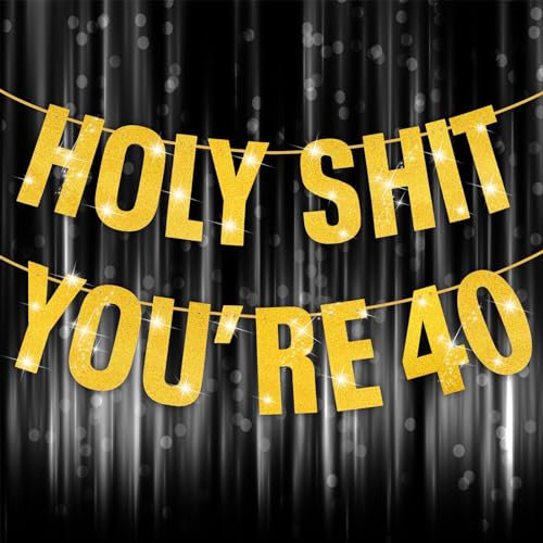 Happy 40th Birthday Banner, 40th Birthday Decorations Banner for Women Men Gold Glitter Banners Holy Shit You're 40 Party Decor Sign Funny Party Supplies