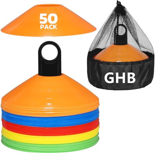 GHB Hütchen Fussball Hütchen 50er Fußball zubehör Slalom Hütchen Markierungshütchen für Fussball Training Agilität Geschenk Jungen Kinder Spieler mit Halter und Tragetasche
