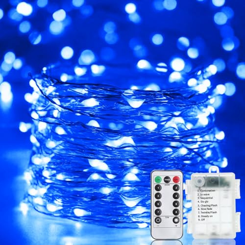 LED Lichterkette Batterie, 10M 100LEDs Außen Lichterketten Blau, Halloween Weihnachten Kupferdraht Batteriebetrieb Beleuchtung mit Fernbedienung 8 Modi Timer Wasserdicht für Innen Garten Terrasse Baum