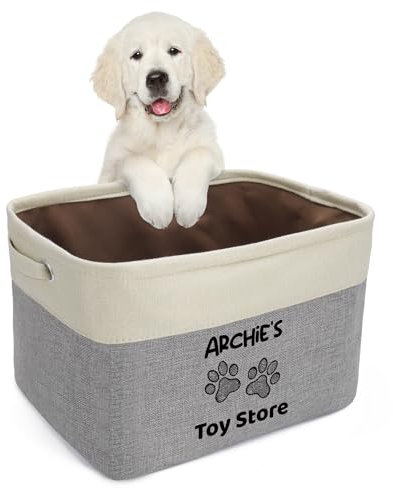Kodinsiivous Personalised Dog Toy Box - Custom Basket With Pet's Name, Collapsible Storage With Handles for Organizing Toys, Clothes & Accessories (Grey)