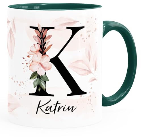 SpecialMeKaffee-Tasse Monogramm Initiale mit Namen personalisiert Blumen Blüten Dekor Floral Buchstabe floral weiß-innen-grün standard