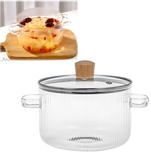 Faitout en verre transparent nervuré avec couvercle, résistant à la chaleur en verre borosilicate côtelé avec poignées, pour soupe, lait, aliments pour bébé