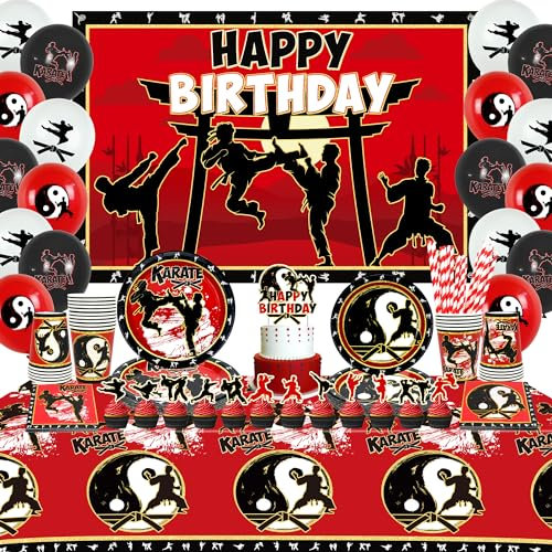 Obussgar Karate Birthday Party Decorations - Backdrop, Plates, Cake Toppers, Cups, Napkins, Balloons, Tablecloth for Karate Party Decoration - Serves 20