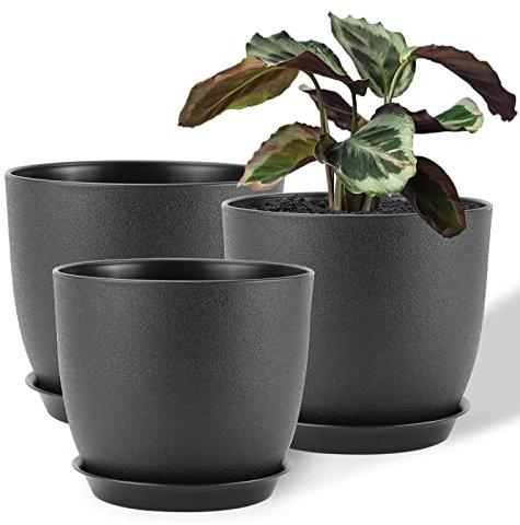 FORAGIFT 25/23/20cm Plant Pots Indoor, 3 Pack Modern Decorative Plastic Planters with Drainage Holes and Tray for House Plants, Black