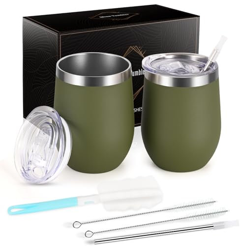 Joymaking 12oz Reusable Coffee Cup, 2 Pack Double Walled -Insulated Travel Mug Vacuum Stainless Steel Wine Tumbler with Spill Proof Lid, Great for Coffee, Tea, Milk and Wine, Army Green