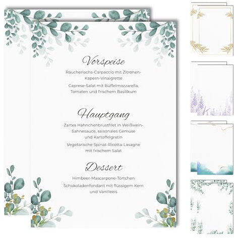 15 Blanko Menükarten für Speisekarten und Getränkekarten für die Hochzeit, Geburtstag, Konfirmation (Eukalyptus 2)