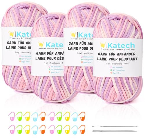 Katech Häkelgarn für Anfänger, 1-Wollstrang Kein Geteiltes Wolle zum Häkeln von Tier Untersetzer, Häkel- & Strickgarn, Dicke Wolle zum Stricken, 4 * 50g Dickes Garn Baumwolle zum Häkeln, Rosa Lila