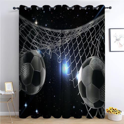 Kinder Vorhänge Zwei Fußbälle Ösen Gardinen mit Blickdichte Thermo Vorhang Kälteschutz Blackout Curtain Kinderzimmer Schlafzimmer Ösenvorhang Schwarzer Sternenhimmel mit Galaxie B 234 x H 230 cm