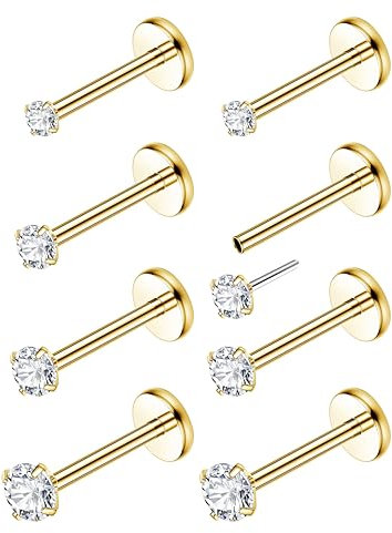Chriscoco 4Paar 18G/20G G23 Titan Labret Piercing Nasenpiercing Stecker Lippenpiercing CZ Piercing Ohr Monroe Medusa Piercing Helix Tragus Piercing Gold 1.5/2/2.5/3mm
