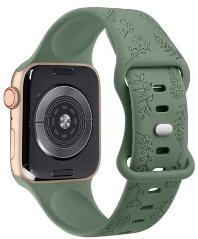 YLK Correa Flores Grabadas Compatible con Apple Watch 38mm 40mm 41mm 42mm 44mm 45mm 49mm Mujer, Correa de Repuesto de Silicona Suave con (40/42/44/49mm, Verde Oliva)