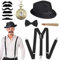 AUNGKWANG 20er Jahre Kostüm Herren Accessoires, Peaky Blinders Kostüm, 1920er Jahre Mafia Kostüm Herren mit Gangster Panamahut Hosenträger Taschenuhr Bärte Fliege für Halloween Kostüm Party Cosplay