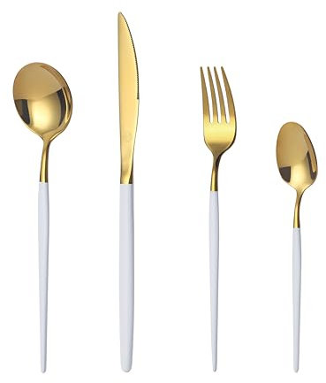 Mr.Spoon Juego de 24 piezas cubiertos para 6 personas,acero inoxidable 18/0, mango blanco cabeza dorada, con cuchillo, tenedor, cuchara, apto para lavavajillas.Para Casa, Hotel, Restaurante