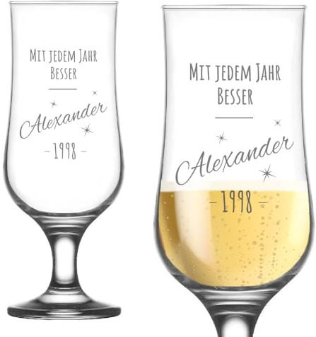Personalisiertes graviertes Bierglas Geburtstag im Sterndesign, Name, Geburtsjahr, Text als Geschenk, Füllmenge 385ml, Größe 19cm, Pils-Glas, Biertulpe – Perfekt für Geburtstagsfeiern
