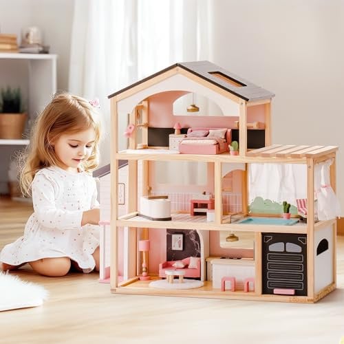 ROBUD Puppenhaus aus Holz,Puppen-Villa mit Möbel,Mit Aufzug, Garage, Pavillon und Schwimmbad,Geschenk für Kinder ab 3, 4, 5, 6 Jahren und älter,Schwarz