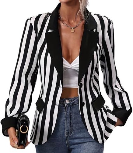 OBEEII Blazer rayé noir et blanc à manches longues ouvert sur le devant pour femme, blazer décontracté pour le travail, le bureau, noir, XXL