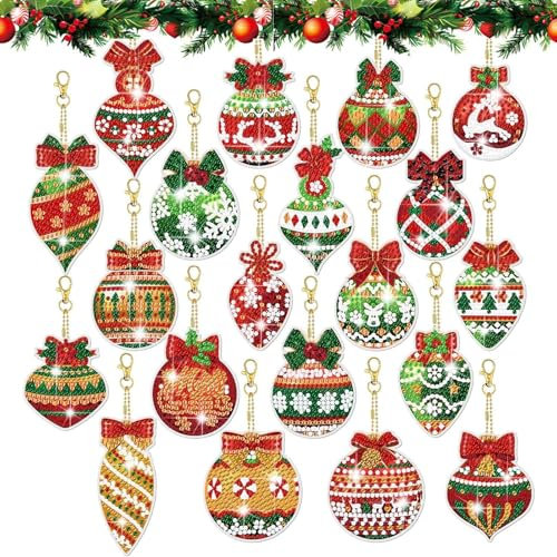 Diamond Painting Keyrings, Pack of 20 Christmas Tree Pendants, 5D Diamond Painting Craft Set, Christmas, Double-Sided Christmas Tree Key Ring for DIY Crafts Christmas