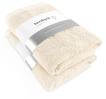 herzbach home Lot de 2 serviettes de douche de qualité supérieure 70 x 140 cm - Grandes serviettes de douche douces et absorbantes de qualité supérieure - 100 % coton naturel (crème)