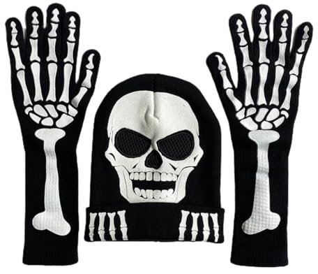 Ldabrye Halloween-Skelett-Klauen-Handschuhe, leuchten im Dunkeln, Kostüm-Handschuhe, Totenkopf-Hut, Party-Requisiten, Handwärmer