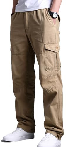 OlmecsHKEU Pantalon Cargo Ete Homme, Pantalon de Randonnée Coupe Droite Taille Elastique, Kaki L