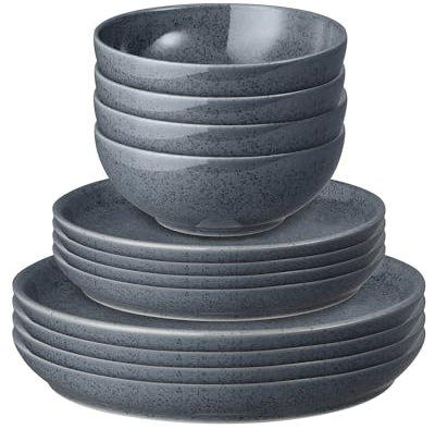 Denby - Dark Grey Speckle 12 Piece Tableware Set - Dishwasher & Microwave Safe Glazed Crockery - Ceramic Stoneware, Chip & Crack Resistant - Dinner Plates, Medium Plates & Cereal Bowls