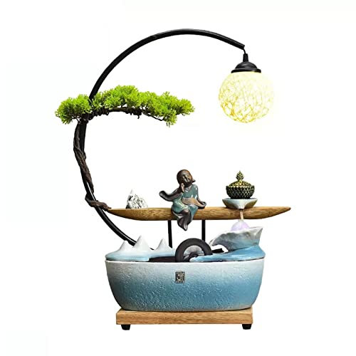 Fuente de escritorio moderna, fuente de interior, fuente de escritorio de meditación zen con lámpara de bola de ratán y quemador de incienso, fuente de cascada de relajación, fuente de agua de mesa