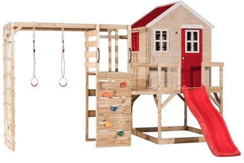 Wendi Toys M22R-G Spielhaus Kinder Outdoor mit Kletterwand, Rutsche und Plattformen, 342 x 356 x 242 cm, Grau, FSC Holz – Sicheres Garten Stelzenhaus, Spielhaus Holz 3-7 Jahre