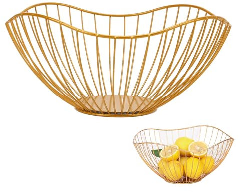 MEETOZ Metal Wire Fruit Bowl, Openwork Fruit Basket for Fruit Snack Vegetable Towels Fruit Basket 26.5 x 12 cm (Gold)