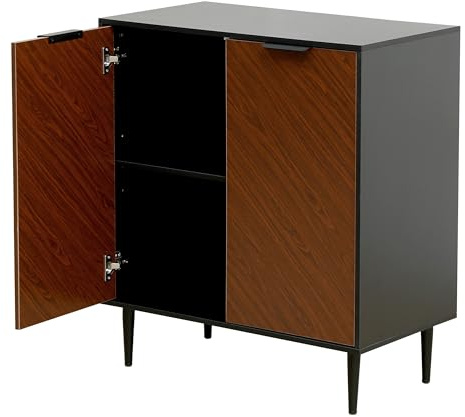 MMT Sideboard, Accent Cabinet, 2 Door Cupboard on Legs, Black/Walnut | Adjustable Shelf, 28.3 Long, 32 Tall, Entryway Table & Pantry Cabinet (White/Oak doors), Anti-Tipping, Removable Shelf