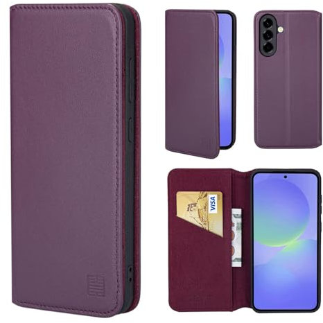 32nd Classic Series 2.0 - Real Leather Book Wallet Flip Case Cover For Samsung Galaxy A36 5G / A56 5G, With RFID Blocking Card Slot, Magnetic Closure and Built In Stand - Aubergine