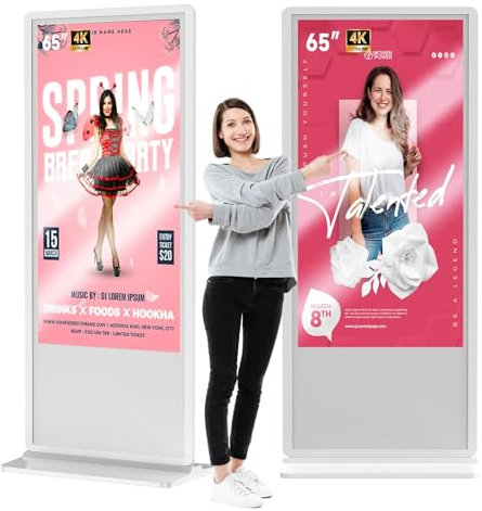 MWE 65 Pollici 4K Touchscreen Monitor Pubblicitario con 4 Ruote, LCD Interattive Digitale Display, Android System, Adatto per Negozio al Dettaglio, Ristorante, Centro Commerciale, Bianco