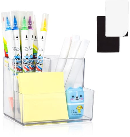 Marte Vanci Acrylic Pen Holder, Clear Pencil Pot Desk Organiser Makeup Brush Holder Storage for Stationery Office School Supplies Desktop Accessory with 2 Magnetic Squares 3 Slots Clear 1 Pack