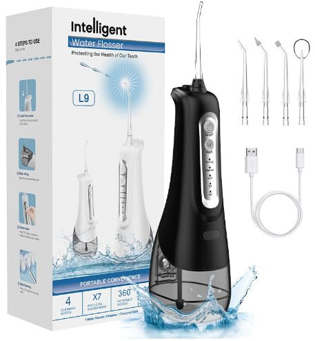 Munddusche Kabellos, Elektrischer Zahnreiniger, 4 Modi 9 Düsen USB-C Wiederaufladbare Wasser Flosser IPX7 Wasserdicht, 300ML Wassertank Mund Reiniger, Munddusche Testsieger für Reinigung auf Reisen
