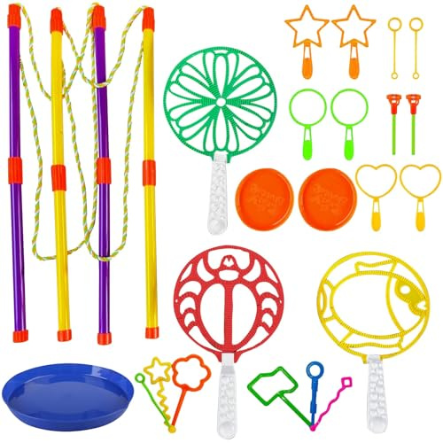 20 Stück Bubble Maker Spiele, Seifenblasenstab Set für Kinder, Riesenseifenblasen Set mit Tablett, Groß Seifenblasen Stab und Seifenblasen Blasringe, für Kindergeburtstag, Partys, Hochzeit