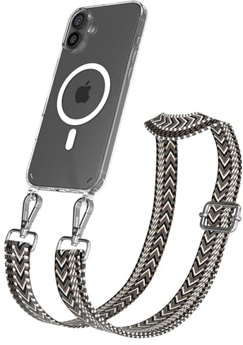 EAZY CASE Handykette - Verstellbares Taschenband kompatibel mit iPhone 16 Plus, Schulterriemen, Handykordel mit Silikon Hülle, Qi Charging kompatibel, Umhängetasche, Grau Schwarz Silber
