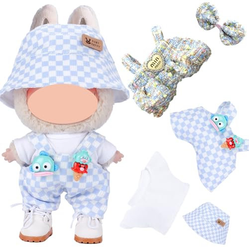 5 Stück Kleidung für Puppe, 17 cm Puppenkleidung Zubehör mit Karierter Hut Weißes Oberteil Overall Haarnadel mit Schleife für Jungen Mädchen Geschenk (Ohne Puppe)