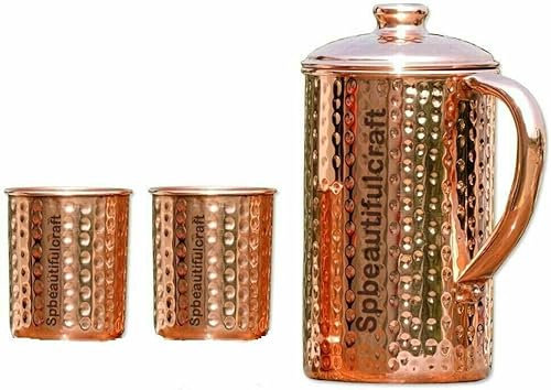 HRS India Wasserkrug aus reinem Kupfer, 2 Liter, gehämmerter Krug mit 2 Kupfer-Trinkbechern, Glas, 300 ml, Wassertrinkbehälter, Ayurveda, gesundheitliche Vorteile