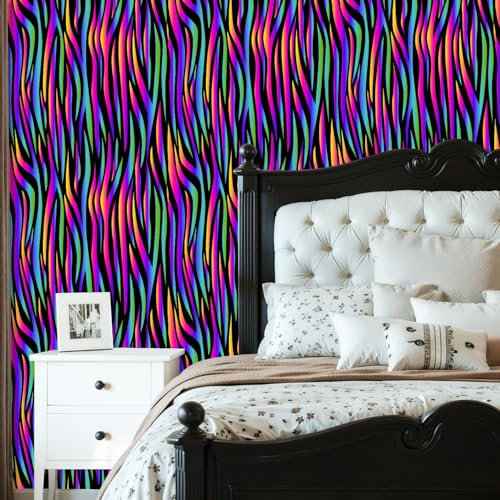 Peel and Stick Wallpaper Zebra rainbow abstract seamless Neon gradient lines black Colorful Removable Wallpaper Contact Paper for Living Room Bedroom Bathroom Kitchen Countertop 60cm x 300cm