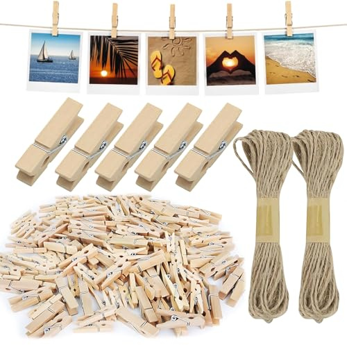Holzklammern Klein 252 Stück,Wäscheklammern Holz,2.5 cm Holzwäscheklammern mit 2 Juteschnüren,Mini Wäscheklammern Ideal für DIY Dekoration Fotowände Bastelprojekte Postkarten Kleidung