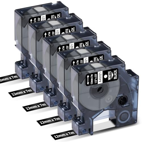 Oozmas A45021 Schriftband Kompatibel mit Dymo D1 45021 12mm x 7m | Weiß auf Schwarz Etikettenband, Kompatibel mit Dymo LabelManager 160 210D 260P 280 360D 420P