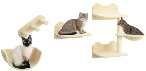 Kletterwand Katzen 4-teilig Katzen Kletterwand Set mit Kaztentreppe, Katzenbrücke, Hängematte, Kratzbaum mit Sprungplatt, Wandkratzbaum, Wand Katzenmöbel bis zu 5 kg, Beige