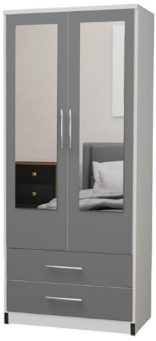 Fully Assembled 2 Door Modern 2 Mirrored Wardrobe with 2 Drawer Wardrobe – Freestanding Bedroom Storage Cabinet with Hanging Rail, 78W x 184H x 50D cm,Multiple Colours Available (WHITE & GREY)