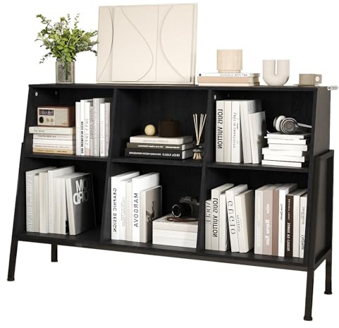 YOSHOOT Bücherregal, offenes Bücherregal aus Holz mit Metallbeinen, Würfelförmiges Lagerregal mit 2 Ebenen, Vitrine mit 6 offenen Fächern für Wohnzimmer, Büro, 117x36.5x78.5 cm (Schwarz)