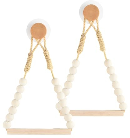 2 Selbstklebend Toilettenpapierhalter, Holz Klopapierhalter ohne Bohren, WC Papier Halterung ohne Bohren mit Schnur Befestigt & Perlen, für Küche, Badzimmer, Toilette (Cremefarben)