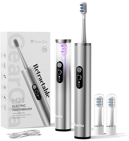GearOra M23 Retractable Travel Electric Toothbrush with UV Sanitiser, Sonic Electric Toothbrush for Adults, 30-Day Battery, Aluminum Alloy, 130g Ultra-Light, 3 Modes, USB-C, IPX7, Silver