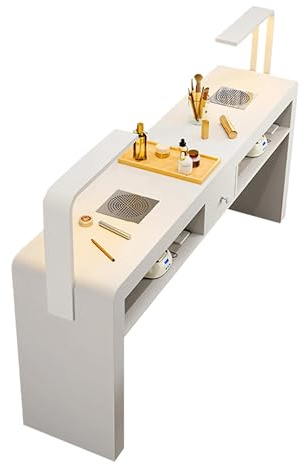 Manicure Table, Wooden Nail Station with Dust Collector, Power Outlets and USB Port, Desk Lamp, Multifunctional Nail Table Station for Nail Tech for Home Spa Beauty Salon Workstation, White (1.6m)