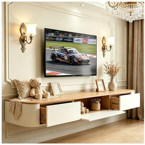 JUNFUNNLE TV Schrank Moderner Schwebende 120cm Weiß + Holzton, TV Lowboard Hängend, TV Board mit 2 Schubladen 1 Klappen Türen, für Wohnzimmer und Esszimmer, Bereits montiert