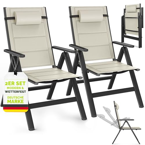 tillvex® Gartenstuhl Hochlehner 2er Set mit Armlehnen & Kopfkissen | Klappstuhl 7-fach Verstellbar inkl. Polsterung | Campingstuhl Klappbar, Wetterfest & Atmungsaktiv | Gartenstühle Aluminium