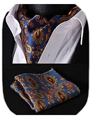 HISDERN Krawattenschal Herren blau orange gelb Paisley Halstuch Blumen Elegant Hochzeit Business Ascot Krawatte und Einstecktuch Set